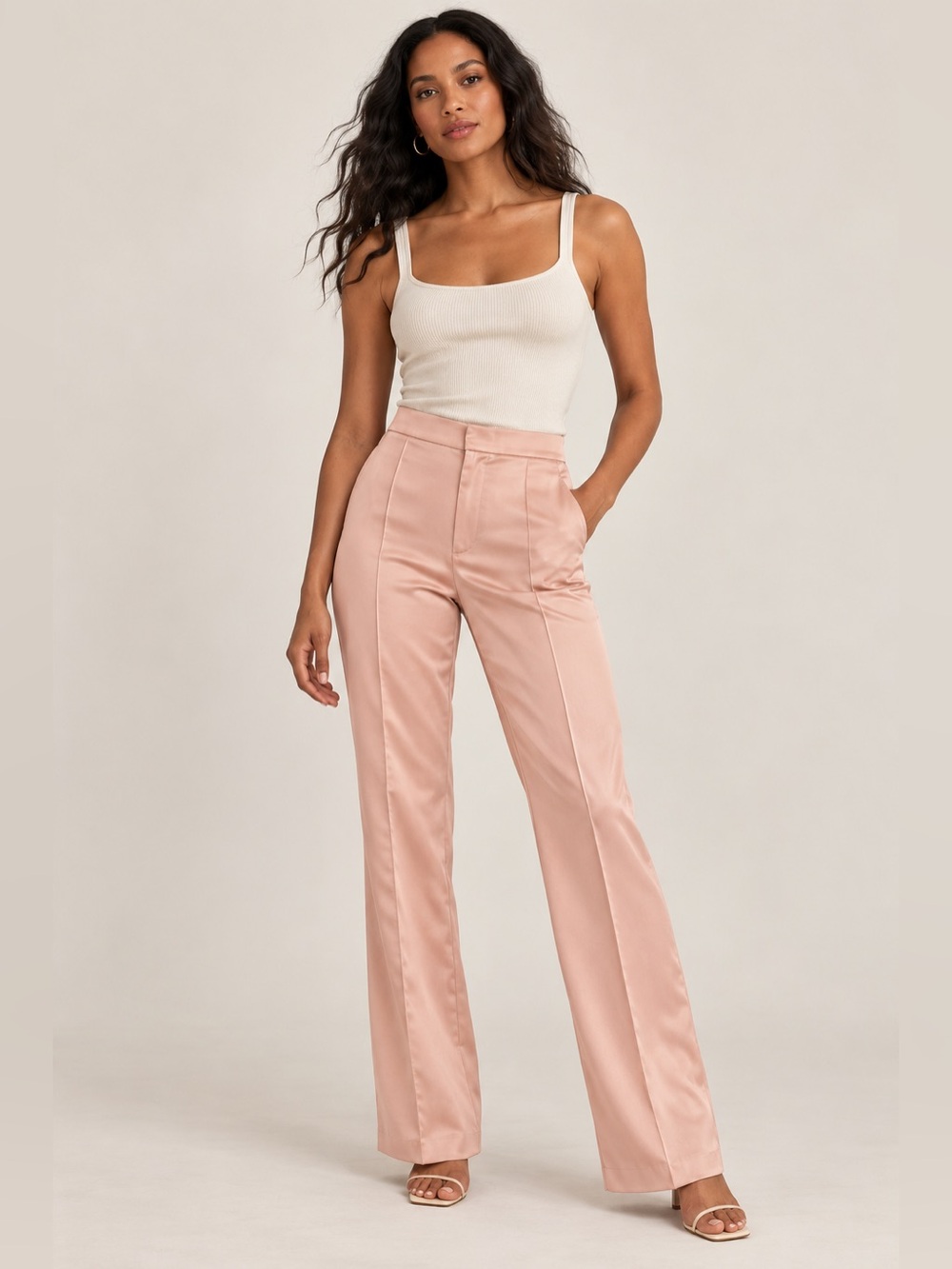 Zara High-Rise Wide Leg Flare Satin Pants in Blush Pink